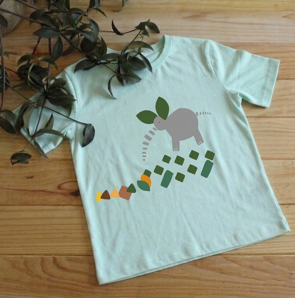 T-shirt infantil manga curta com estampa de elefante em verde mint – Gaga Shapes